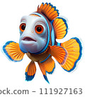 The image depicts a colorful fish with orange and blue fins, a white face, and brown around its eyes. It has a scared expression and is swimming in the water.  111927163