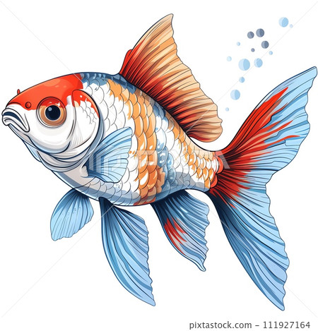 The image depicts a colorful fish with orange and blue fins, a white face, and brown around its eyes. It has a scared expression and is swimming in the water.  The image depicts a colorful fish with orange and blue fins, a white face, and brown around its eyes. It has a scared expression and is swimming in the water.  111927164