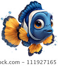 The image depicts a colorful fish with orange and blue fins, a white face, and brown around its eyes. It has a scared expression and is swimming in the water.  111927165