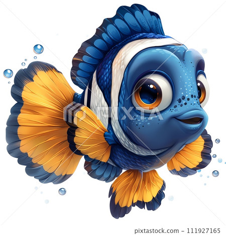 The image depicts a colorful fish with orange and blue fins, a white face, and brown around its eyes. It has a scared expression and is swimming in the water.  The image depicts a colorful fish with orange and blue fins, a white face, and brown around its eyes. It has a scared expression and is swimming in the water.  111927165