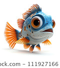 The image depicts a colorful fish with orange and blue fins, a white face, and brown around its eyes. It has a scared expression and is swimming in the water.  111927166