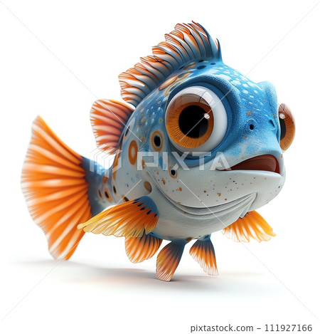 The image depicts a colorful fish with orange and blue fins, a white face, and brown around its eyes. It has a scared expression and is swimming in the water.  The image depicts a colorful fish with orange and blue fins, a white face, and brown around its eyes. It has a scared expression and is swimming in the water.  111927166