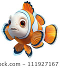 The image depicts a colorful fish with orange and blue fins, a white face, and brown around its eyes. It has a scared expression and is swimming in the water.  111927167