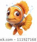 The image depicts a colorful fish with orange and blue fins, a white face, and brown around its eyes. It has a scared expression and is swimming in the water.  111927168