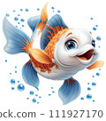 The image depicts a colorful fish with orange and blue fins, a white face, and brown around its eyes. It has a scared expression and is swimming in the water.  111927170