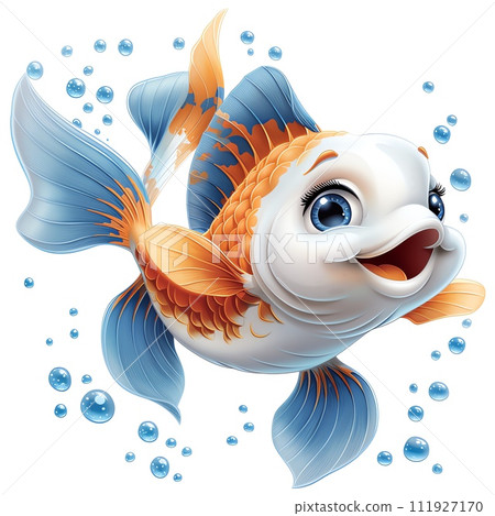 The image depicts a colorful fish with orange and blue fins, a white face, and brown around its eyes. It has a scared expression and is swimming in the water.  111927170