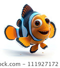 The image depicts a colorful fish with orange and blue fins, a white face, and brown around its eyes. It has a scared expression and is swimming in the water.  111927172