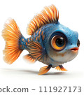 The image depicts a colorful fish with orange and blue fins, a white face, and brown around its eyes. It has a scared expression and is swimming in the water.  111927173