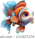 The image depicts a colorful fish with orange and blue fins, a white face, and brown around its eyes. It has a scared expression and is swimming in the water.  111927174