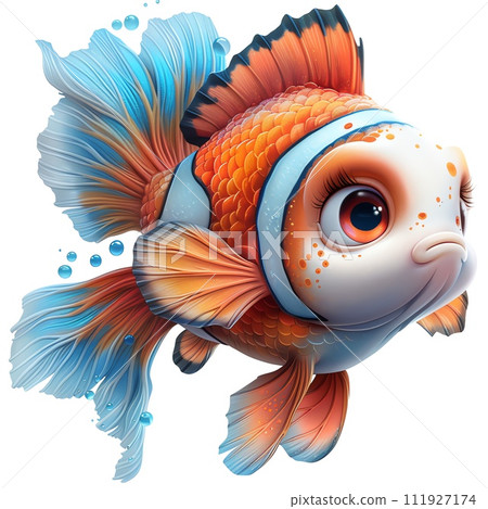 The image depicts a colorful fish with orange and blue fins, a white face, and brown around its eyes. It has a scared expression and is swimming in the water.  The image depicts a colorful fish with orange and blue fins, a white face, and brown around its eyes. It has a scared expression and is swimming in the water.  111927174