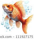 The image depicts a colorful fish with orange and blue fins, a white face, and brown around its eyes. It has a scared expression and is swimming in the water.  111927175