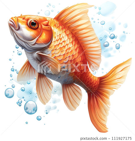 The image depicts a colorful fish with orange and blue fins, a white face, and brown around its eyes. It has a scared expression and is swimming in the water.  The image depicts a colorful fish with orange and blue fins, a white face, and brown around its eyes. It has a scared expression and is swimming in the water.  111927175