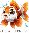 The image depicts a colorful fish with orange and blue fins, a white face, and brown around its eyes. It has a scared expression and is swimming in the water.  111927176