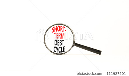 Short-term debt cycle symbol. Concept words Short-term debt cycle on beautiful magnifying glass. Beautiful white table white background. Business Short-term debt cycle concept. Copy space 111927201
