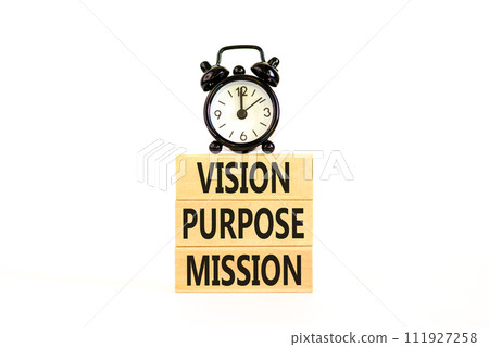 Vision purpose mission symbol. Concept word Vision Purpose Mission on beautiful block. Beautiful white table white background. Business motivational vision purpose mission concept. Copy space. 111927258