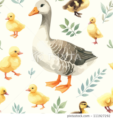Seamless watercolor pattern goose and little ducklings with sprigs of leaves. Seamless watercolor pattern goose and little ducklings with sprigs of leaves. 111927292