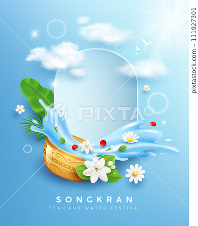 Songkran Thailand festival, flowers in a water bowl water splashing, on cloud and sun poster blue background Songkran Thailand festival, flowers in a water bowl water splashing, on cloud and sun poster blue background 111927301