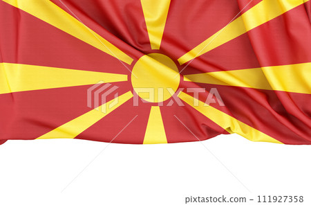 Flag of North Macedonia isolated on white background with copy space below. 3D rendering Flag of North Macedonia isolated on white background with copy space below. 3D rendering 111927358
