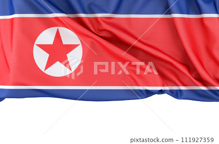Flag of North Korea isolated on white background with copy space below. 3D rendering 111927359