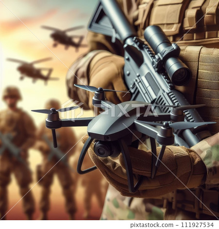photo of cheap fpv war drone on blurred military background 111927534
