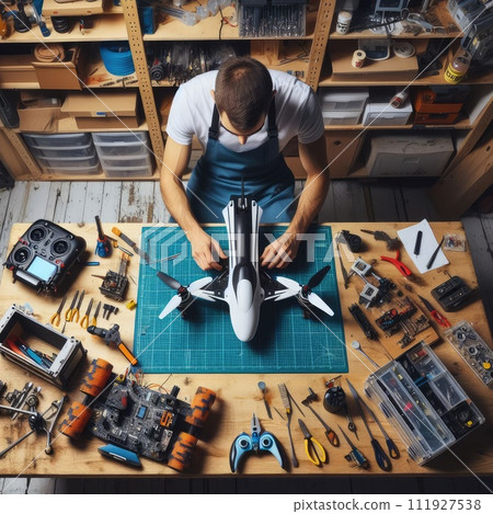 Engineer working on racing fpv drone combat kamikaze bomber in workshop. Engineer working on racing fpv drone combat kamikaze bomber in workshop. 111927538