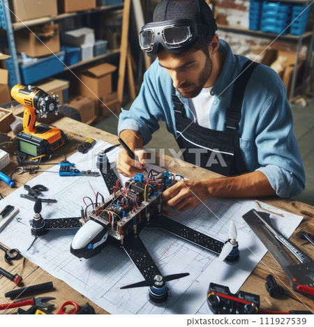 Engineer working on racing fpv drone combat kamikaze bomber in workshop. 111927539