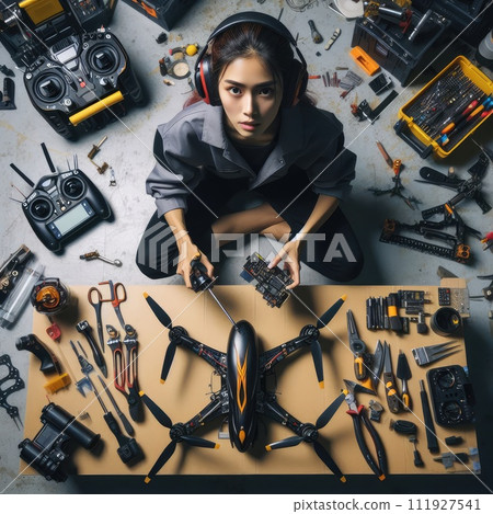 Engineer working on racing fpv drone combat kamikaze bomber in workshop. 111927541