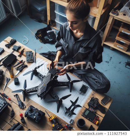 Engineer working on racing fpv drone combat kamikaze bomber in workshop. 111927543