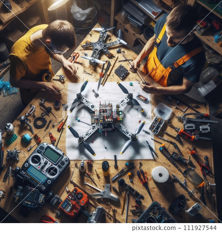 Engineer working on racing fpv drone combat kamikaze bomber in workshop. Engineer working on racing fpv drone combat kamikaze bomber in workshop. 111927544