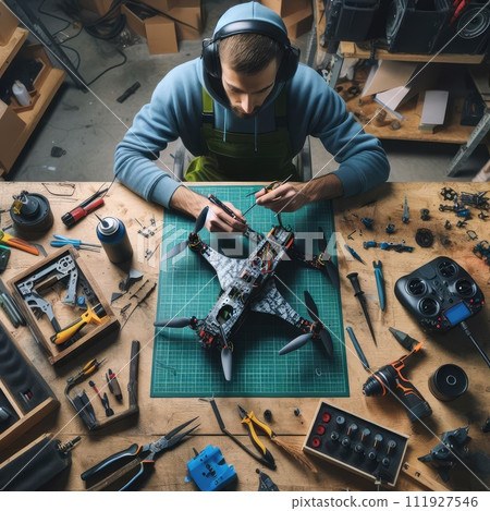 Engineer working on racing fpv drone combat kamikaze bomber in workshop. 111927546