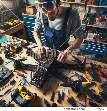 Engineer working on racing fpv drone combat kamikaze bomber in workshop. 111927547