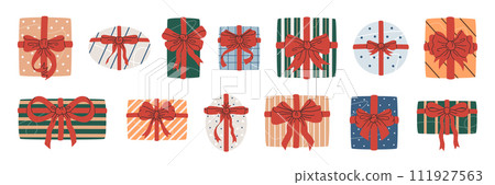 Gift boxes. Birthday presents with silk bows, hand drawn wrapped gift boxes top view flat vector illustration set. Holidays gift boxes collection 111927563