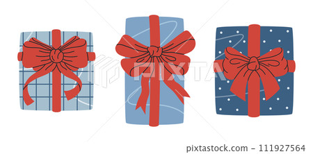 Gift boxes. Holidays presents box with silk bows, Birthday or Christmas wrapped gift boxes flat vector illustration set. Present boxes on white Gift boxes. Holidays presents box with silk bows, Birthday or Christmas wrapped gift boxes flat vector illustration set. Present boxes on white 111927564