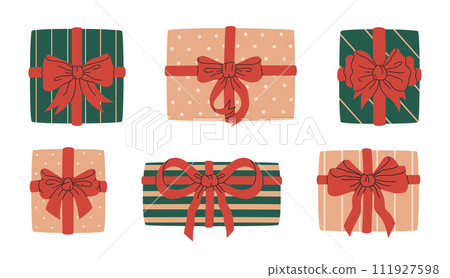 Holidays gift boxes. Birthday or Christmas presents boxes with silk bows, wrapped gift boxes flat vector illustration set. Hand drawn present box collection Holidays gift boxes. Birthday or Christmas presents boxes with silk bows, wrapped gift boxes flat vector illustration set. Hand drawn present box collection 111927598