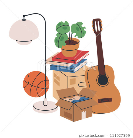 Home moving boxes. Cardboard box with personal stuff, stacked boxes with books, clothes and pot plant flat vector illustration. Moving boxes on white 111927599