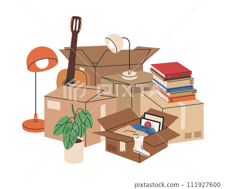 House moving boxes. Cardboard cargo boxes with clothes, books and potted plants, stacked boxes with goods flat vector illustration. New home moving stuff packages on white House moving boxes. Cardboard cargo boxes with clothes, books and potted plants, stacked boxes with goods flat vector illustration. New home moving stuff packages on white 111927600