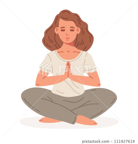 Meditating woman. Female character sitting in yoga lotus pose, stress relief and meditation concept flat vector illustration. Meditation and breath exercise 111927619