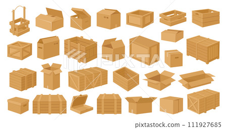 Wooden and cardboard boxes. Carton delivery packages, cargo shipping wooden boxes flat vector illustration set. Cartoon delivery package collection Wooden and cardboard boxes. Carton delivery packages, cargo shipping wooden boxes flat vector illustration set. Cartoon delivery package collection 111927685