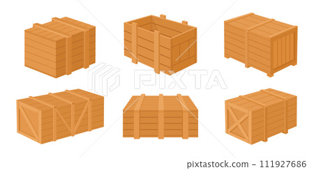 Wooden boxes. Cargo shipping wooden boxes, delivery packages flat vector illustration set. Delivery package collection Wooden boxes. Cargo shipping wooden boxes, delivery packages flat vector illustration set. Delivery package collection 111927686
