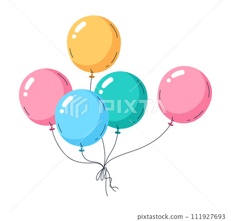 Balloons decoration. Happy birthday air balloon bunch, helium glossy balloons holidays celebration decor flat vector illustration. Flying air balloons Balloons decoration. Happy birthday air balloon bunch, helium glossy balloons holidays celebration decor flat vector illustration. Flying air balloons 111927693