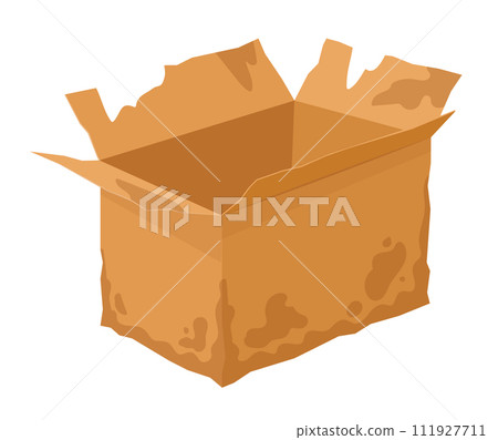 Broken carton box. Crumpled cardboard box, damaged delivery package flat vector illustration. Wet crumpled cardboard box 111927711