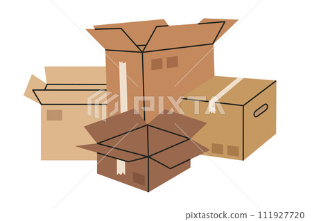 Cargo boxes. Hand drawn carton boxes, warehouse cardboard boxes stack. Open empty boxes flat vector illustration on white Cargo boxes. Hand drawn carton boxes, warehouse cardboard boxes stack. Open empty boxes flat vector illustration on white 111927720