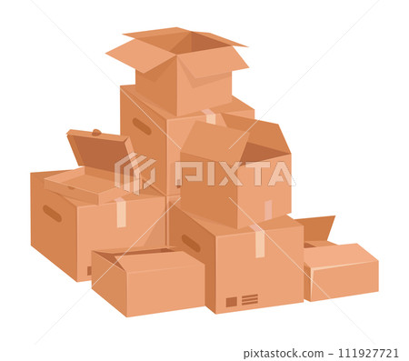 Carton boxes stack. Stacked cargo shipping cardboard boxes, delivery packages pile flat vector illustration. Warehouse storage parcels Carton boxes stack. Stacked cargo shipping cardboard boxes, delivery packages pile flat vector illustration. Warehouse storage parcels 111927721
