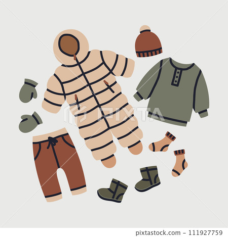 Children winter outfit. Baby fall or winter clothes, winter sweater and overall. Newborn garments flat vector illustration. Baby cold season clothing 111927759