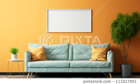 AI-generated content. A modern living room interior with dopamine colors. A mint green sofa adorned with golden yellow pillows stands against warm orange wall with mock-up. Eco, biophilic design with 111927801