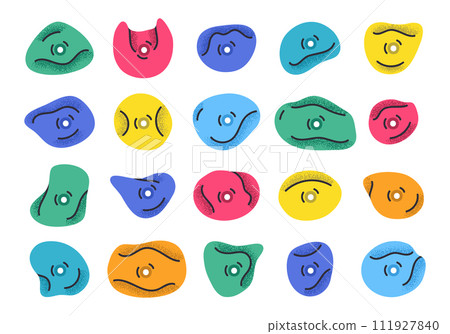 Alpinism climbing wall hooks. Climbing grips, multicolored holds for rock climbing walls, alpinism training crimps flat vector illustration set. Plastic grippers for climbing 111927840