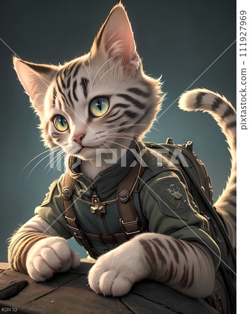 A military cat in a military uniform sits at the table. A military cat in a military uniform sits at the table. 111927969