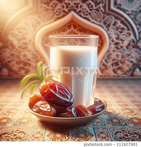 AI-generated content. 3D rendering, Milk glass, date on table, signifies Ramadan's fast end. Sunrise backdrop exudes peace and tranquility, generative ai 111927981