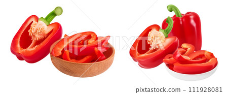 slices of red sweet bell pepper in wooden bowl isolated on white background with full depth of field 111928081