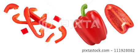 slices of red sweet bell pepper isolated on white background. Top view. Flat lay 111928082